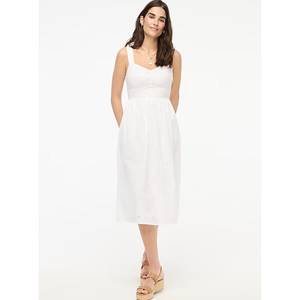 NEW J.Crew Eyelet Midi Dress Cotton Cottagecore Pockets Retro A Line White US 6